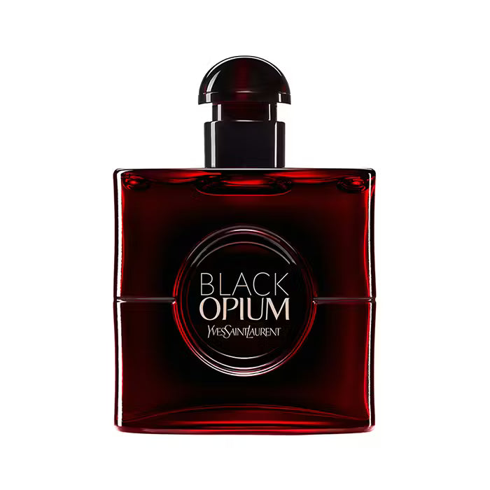 Red Yves Saint Laurent Black Opium perfume bottle on a white background