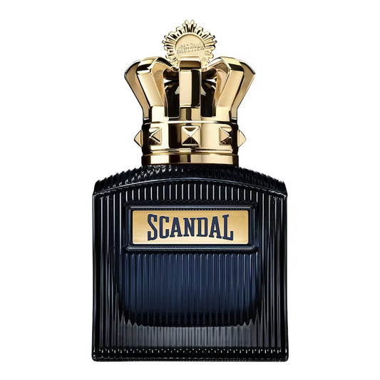 Perfume bottle with gold cap and 'Scandal' label on a white background
