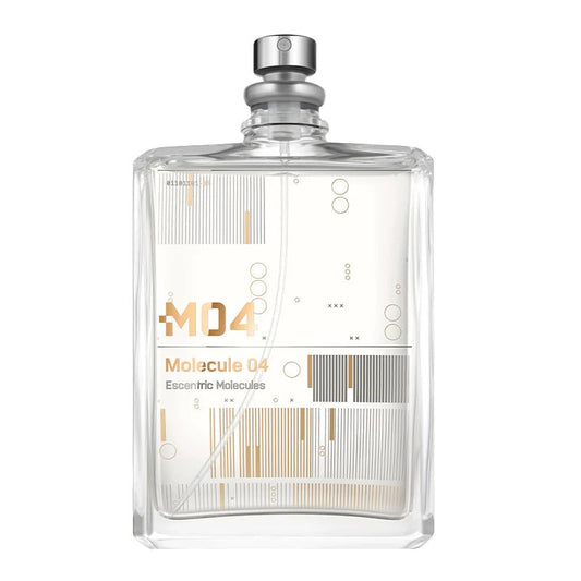 Clear perfume bottle with gold text on a white background