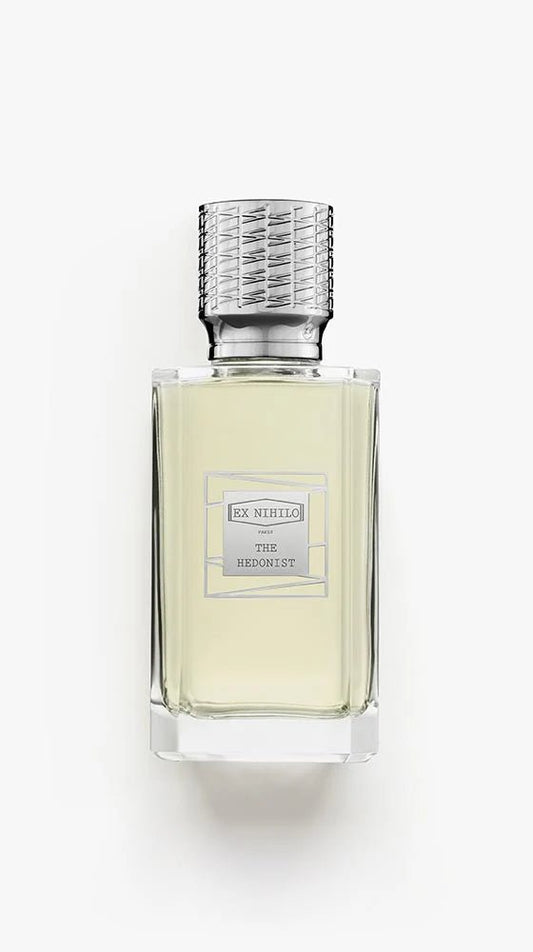 Perfume bottle with a silver cap on a white background