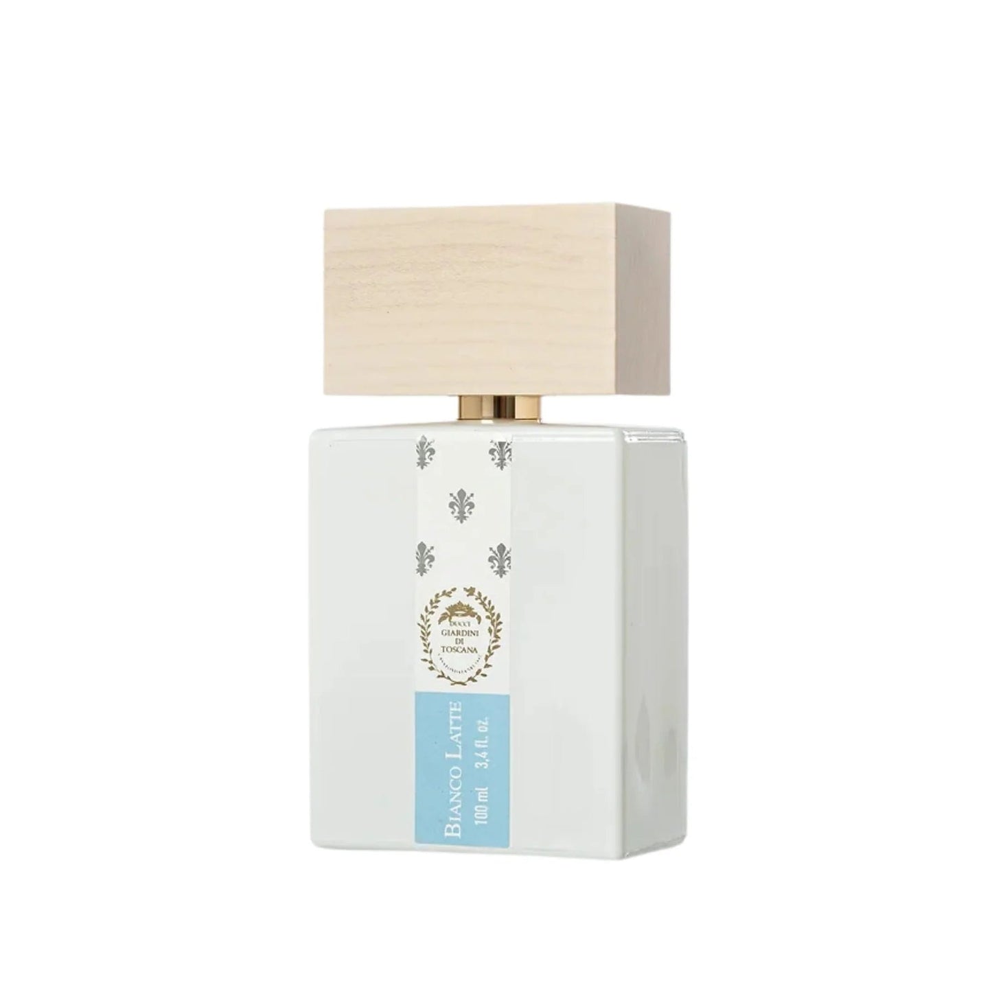 Perfume bottle with a beige cap and white body on a white background