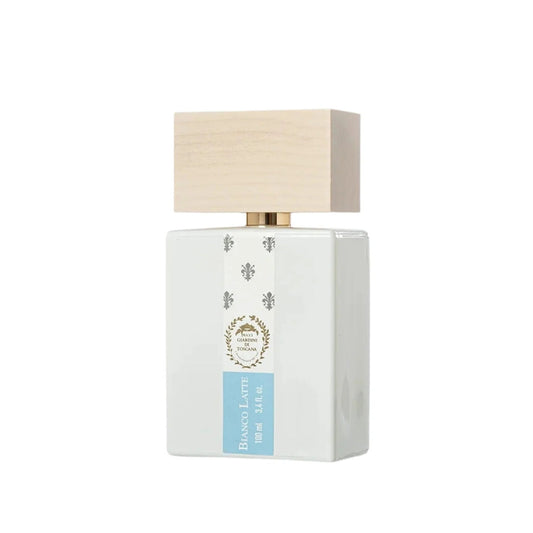 Perfume bottle with a beige cap and white body on a white background