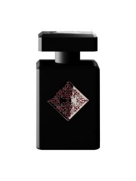 Black perfume bottle with decorative label on a white background