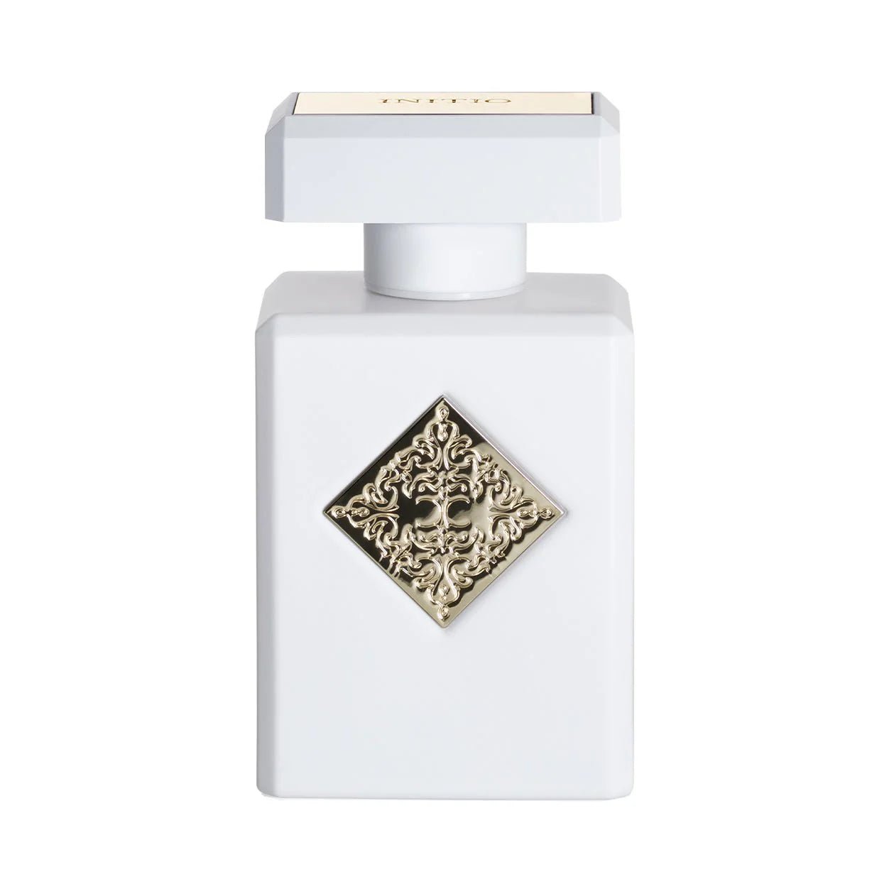 White perfume bottle with gold decorative cap on a white background