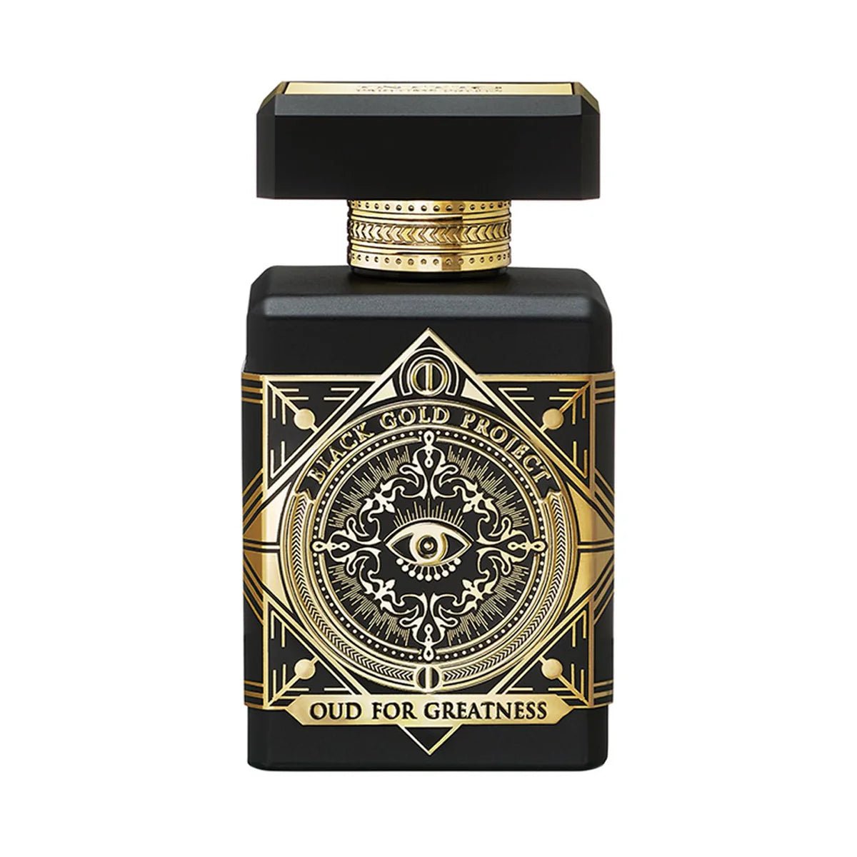 Black and gold perfume bottle with intricate design on a white background