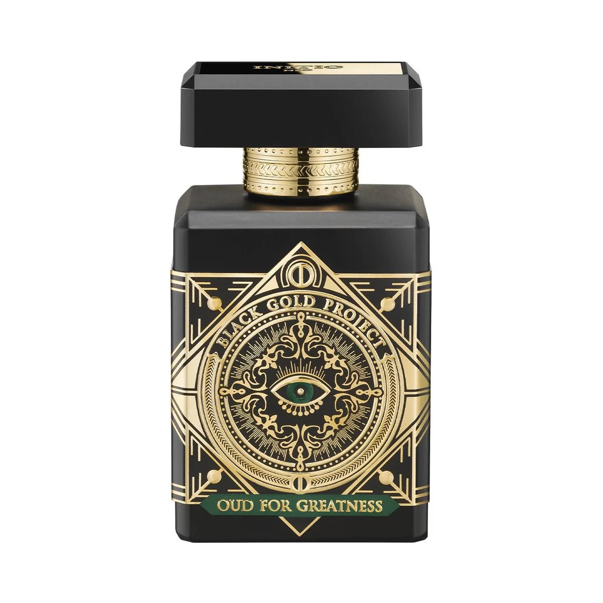 Black and gold perfume bottle with intricate design on a white background
