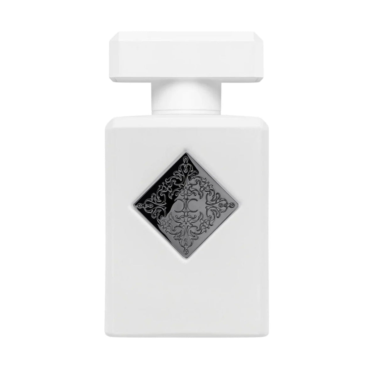 White perfume bottle with a decorative black label on a white background