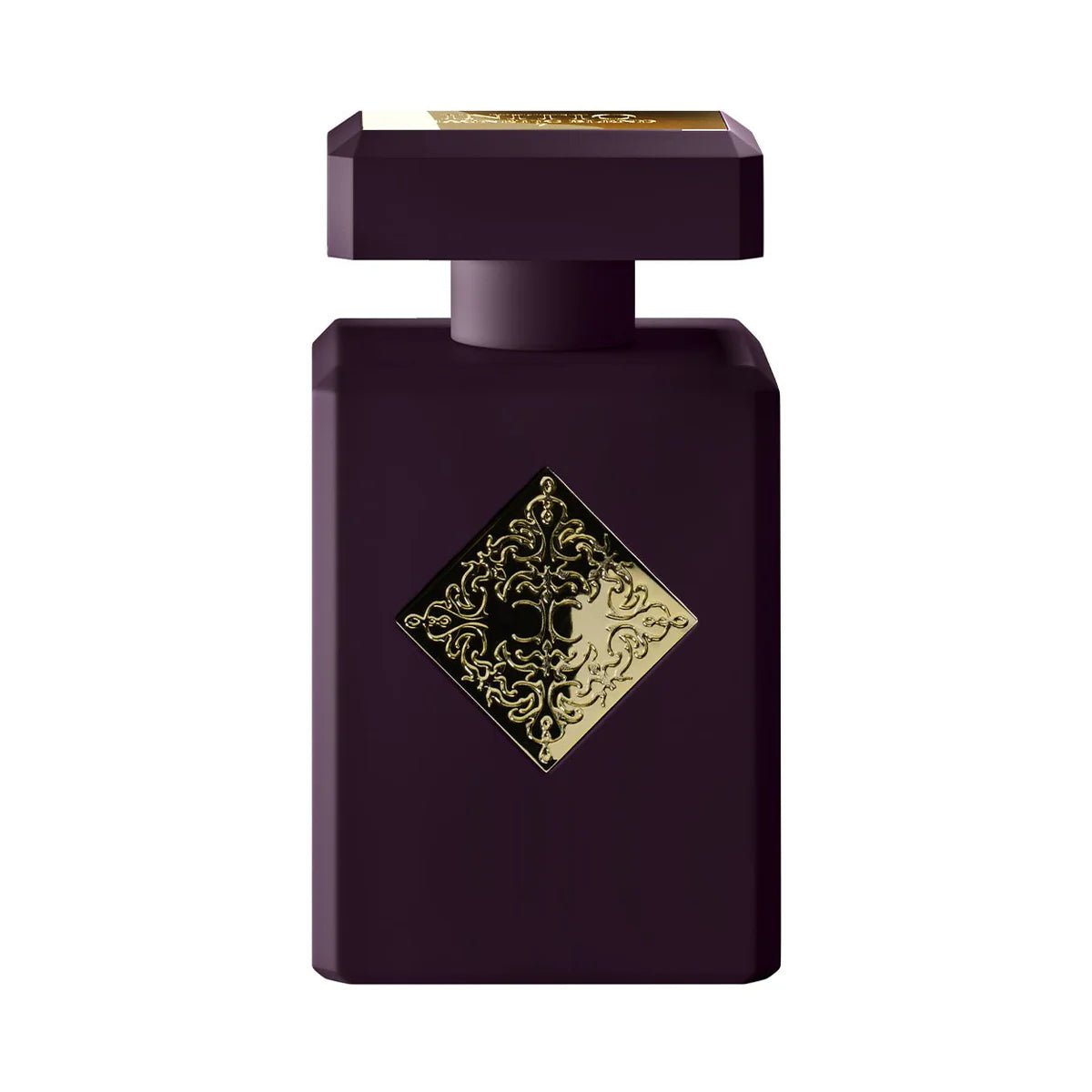 Purple perfume bottle with gold decorative label on a white background