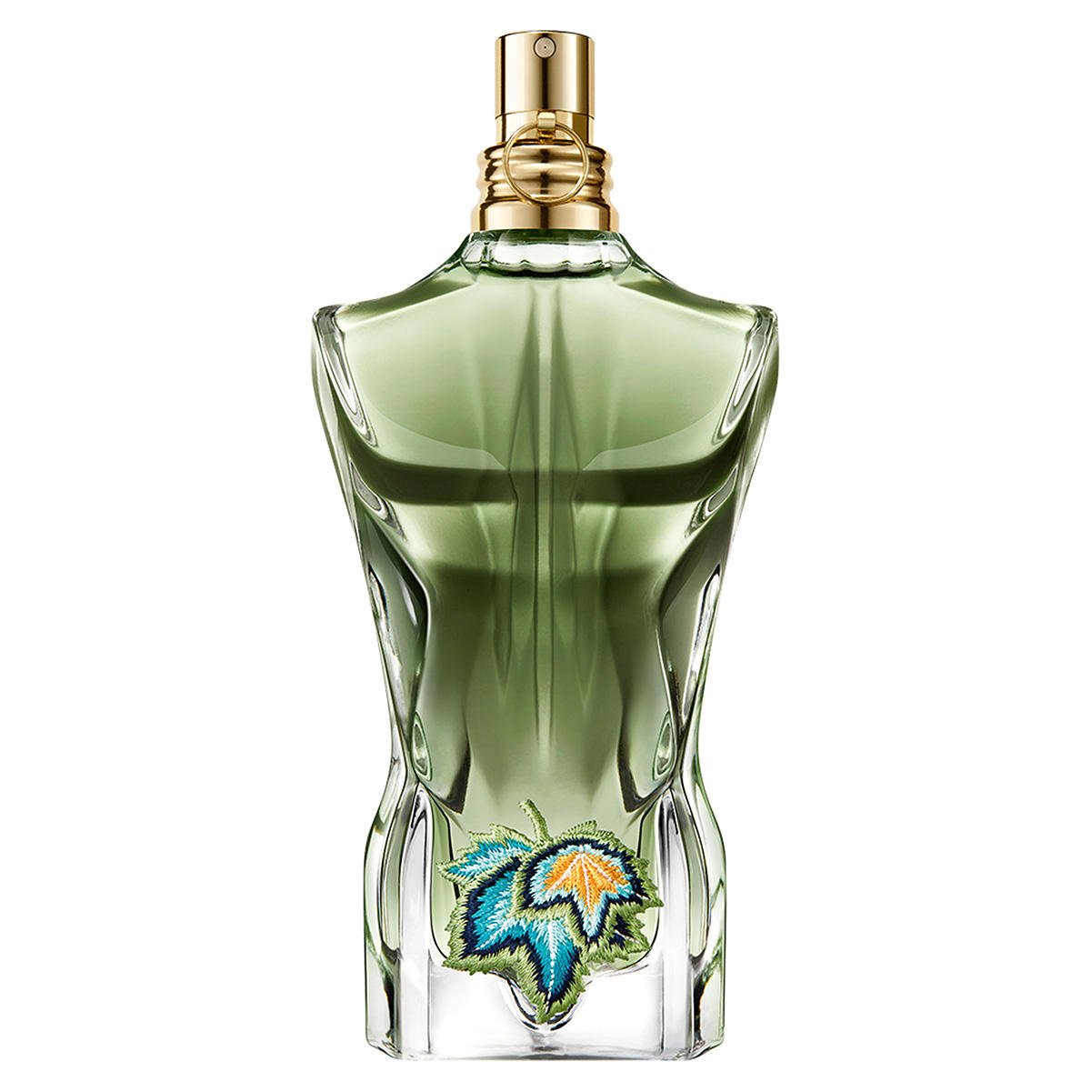 Green perfume bottle with a gold cap on a white background