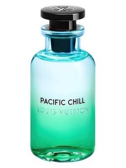 green perfume bottle labeled 'Pacific Chill' by Louis Vuitton on a white background