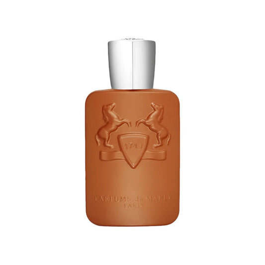 Brown perfume bottle with silver cap on a white background