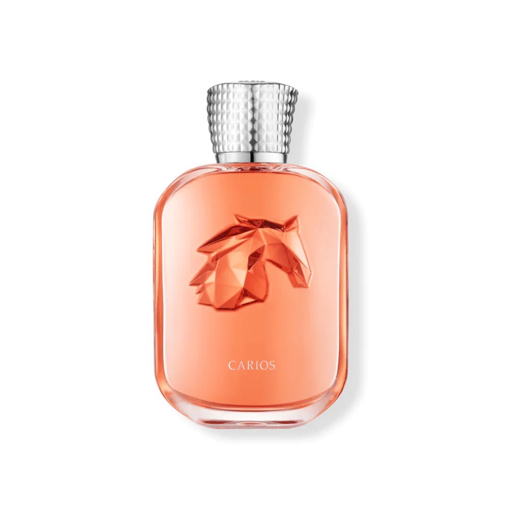 Perfume bottle with a silver cap on a white background