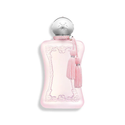 Pink perfume bottle with silver cap on a white background