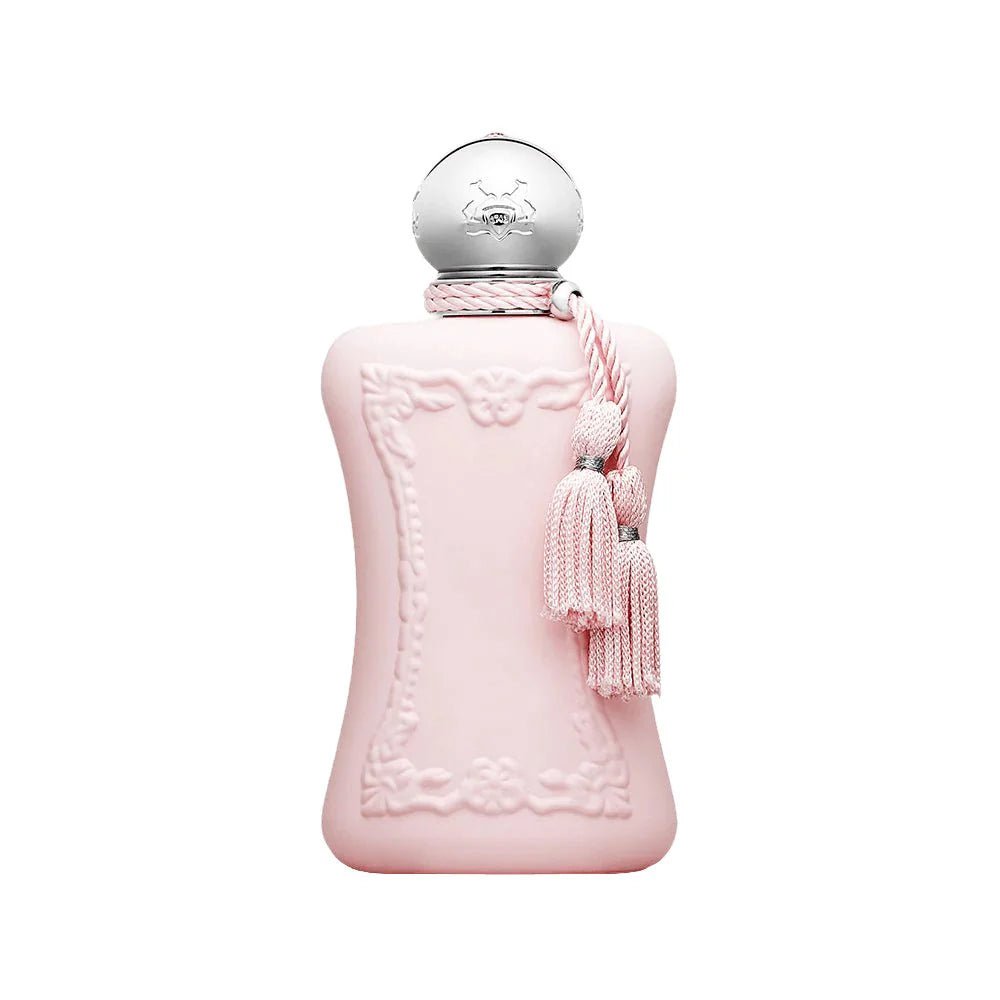 Pink perfume bottle with decorative elements on a white background