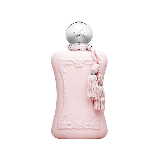 Pink perfume bottle with decorative elements on a white background