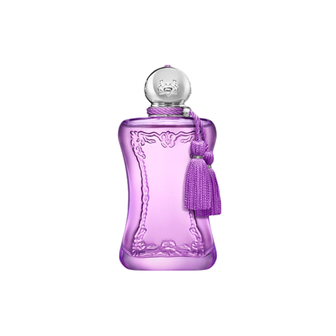 Purple perfume bottle with a silver cap on a white background