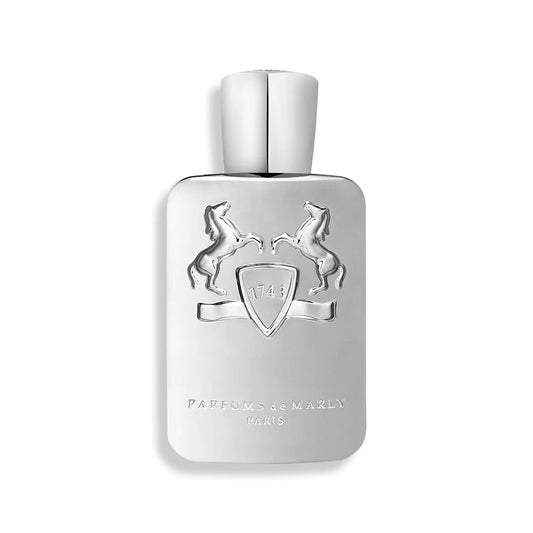 Silver perfume bottle with emblem and text on a white background