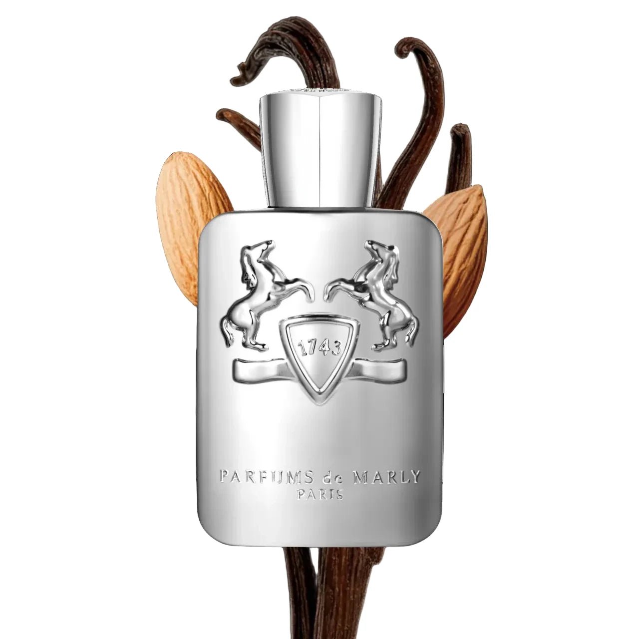 Silver perfume bottle with vanilla beans and almonds on a white background