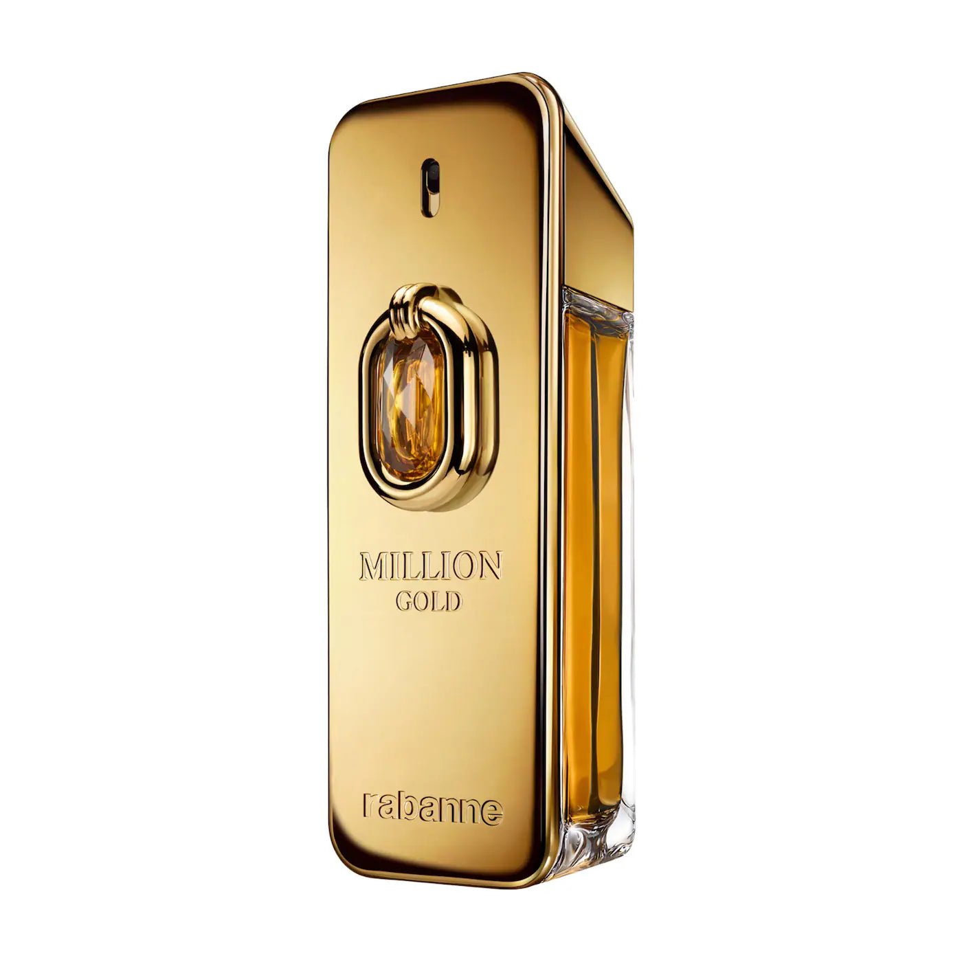 Gold perfume bottle labeled 'Million Gold' by Rabanne on a white background