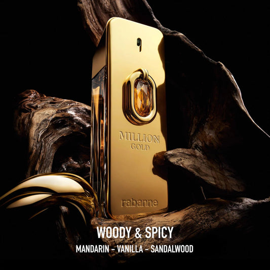Gold perfume bottle with 'Million Gold' branding on a dark background